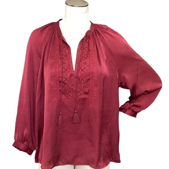 Lucky Brand Embroidered Tassel Tie Neck BOHO Peasant Top L Burgundy Red #224i - Picture 2 of 11